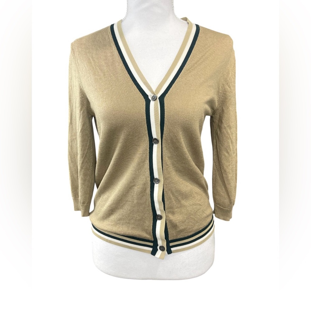 JIL‎ SANDER Navy Tan Silk Cashmere Blend Cardigan Sweater Lightweight Academia S